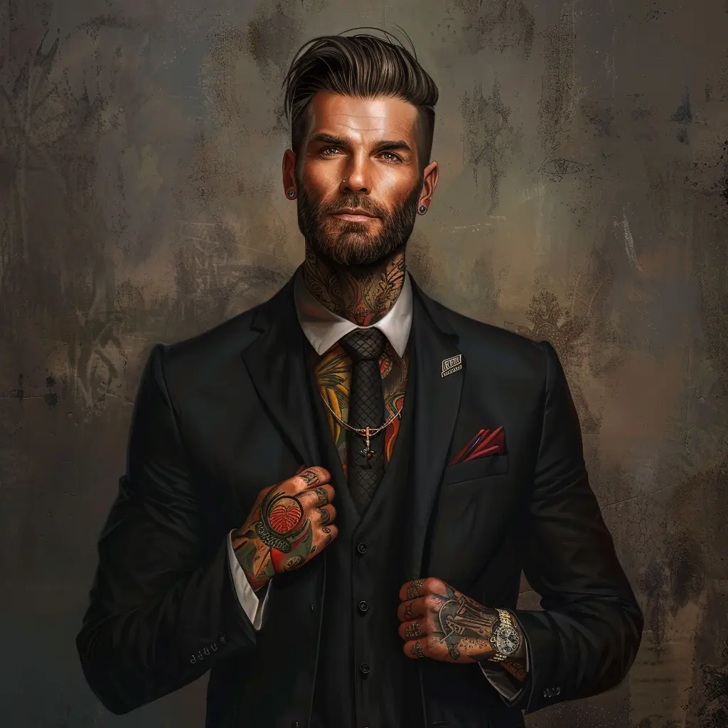 A screenshot of Free Avatar: Real Estate Agent with Tattoos in Fantasy Style