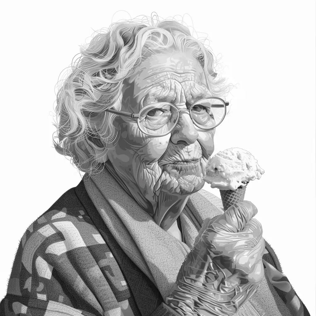 A screenshot of Free Avatar: Elderly Woman Packer and Packager Eating Ice Cream