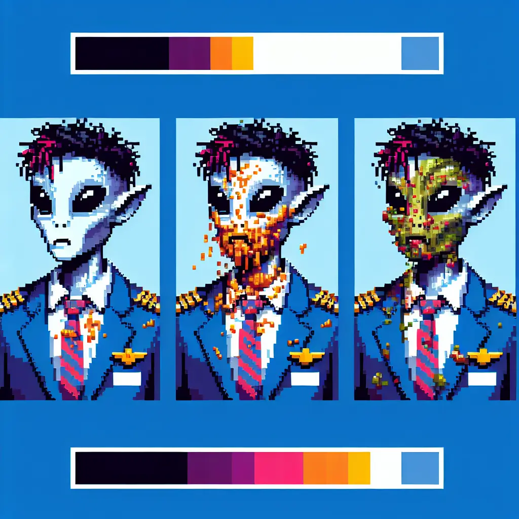 A screenshot of Free Avatar: Alien Flight Attendant in 8-bit Pixel Art Style