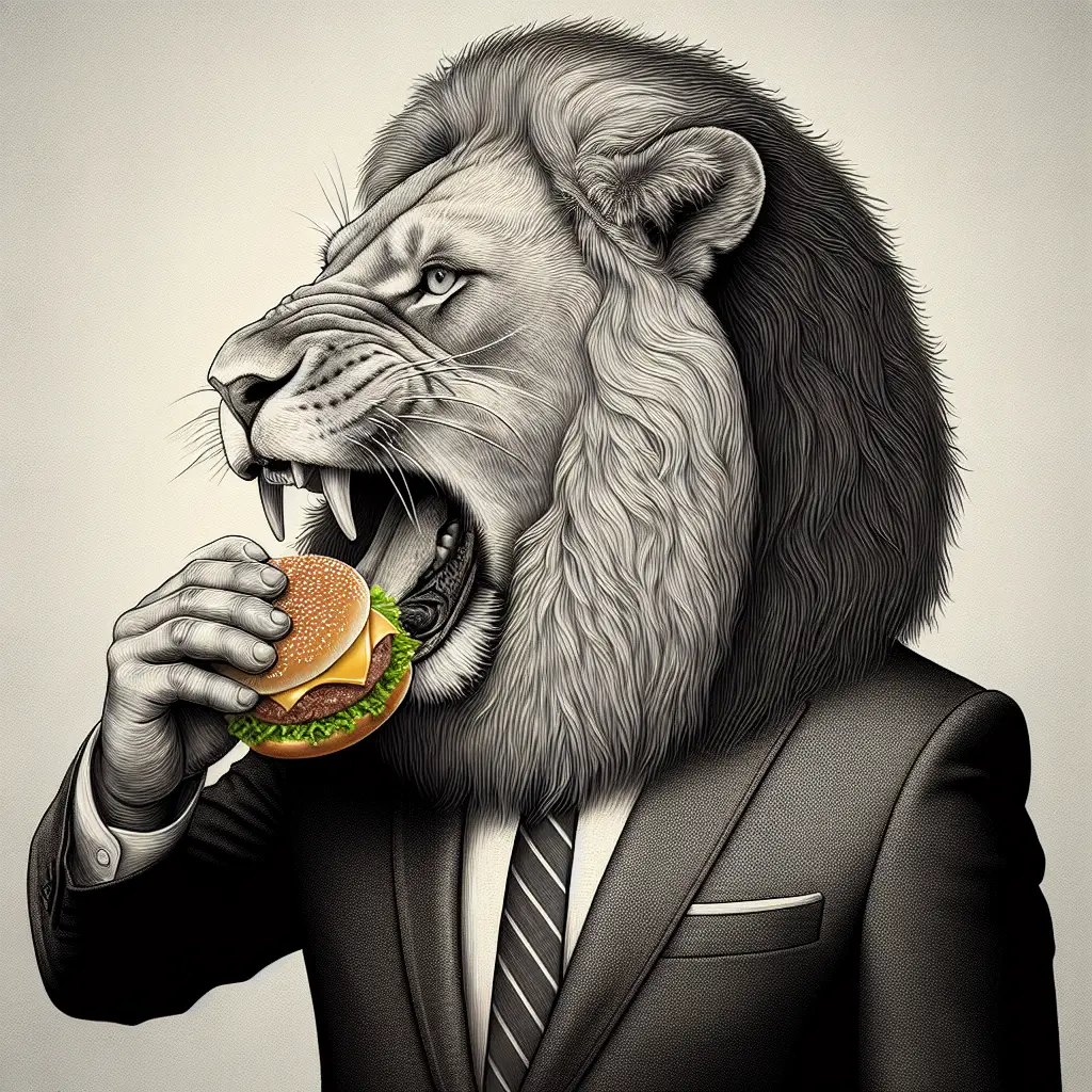 A screenshot of Free Avatar: Realistic Lion Insurance Agent Eating Hamburger