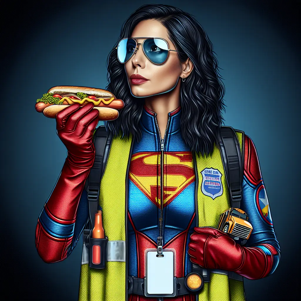 A screenshot of Free Avatar: Hispanic Female Superhero Bus Driver Eating Hotdog