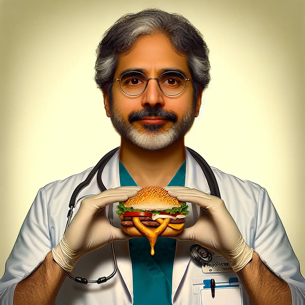 A screenshot of Free Avatar: Whimsical Physician Eating Hamburger Avatar