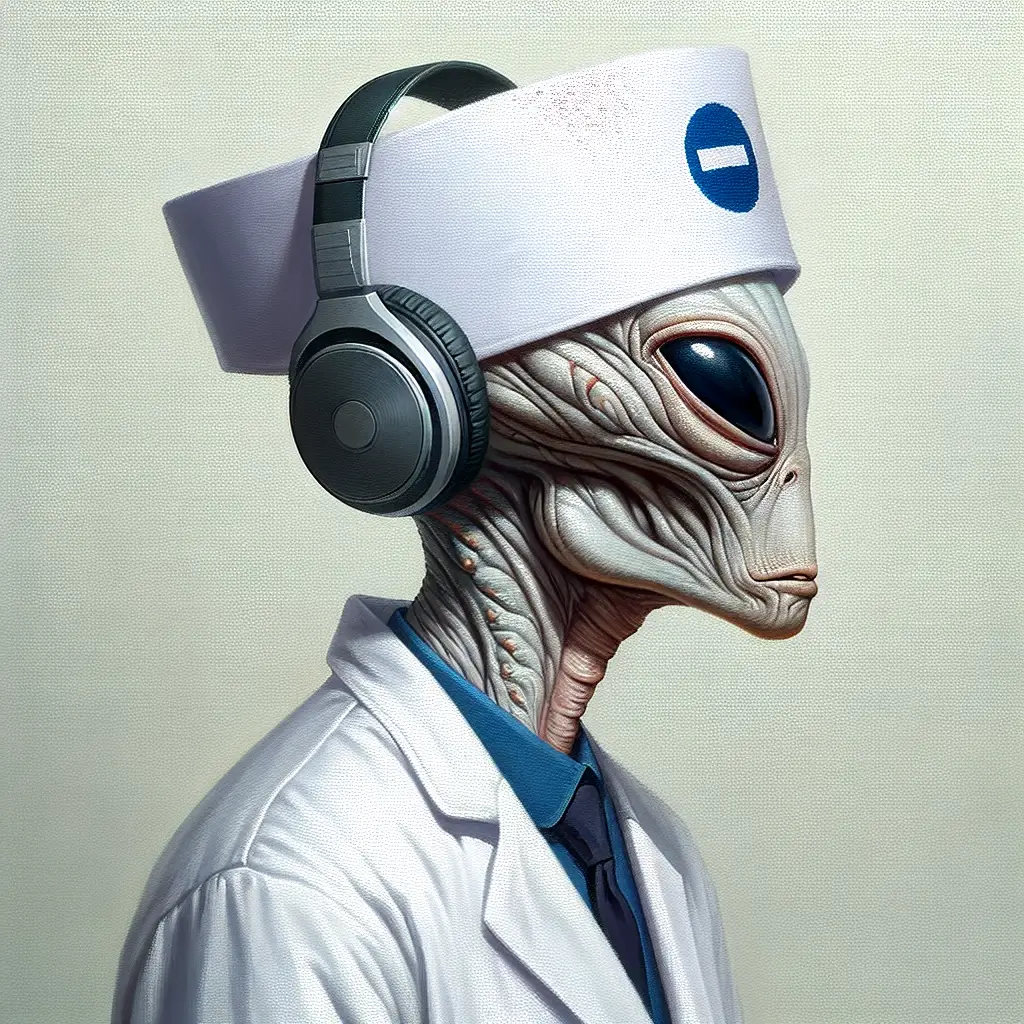 A screenshot of Free Avatar: Pharmacist Alien with Headphones