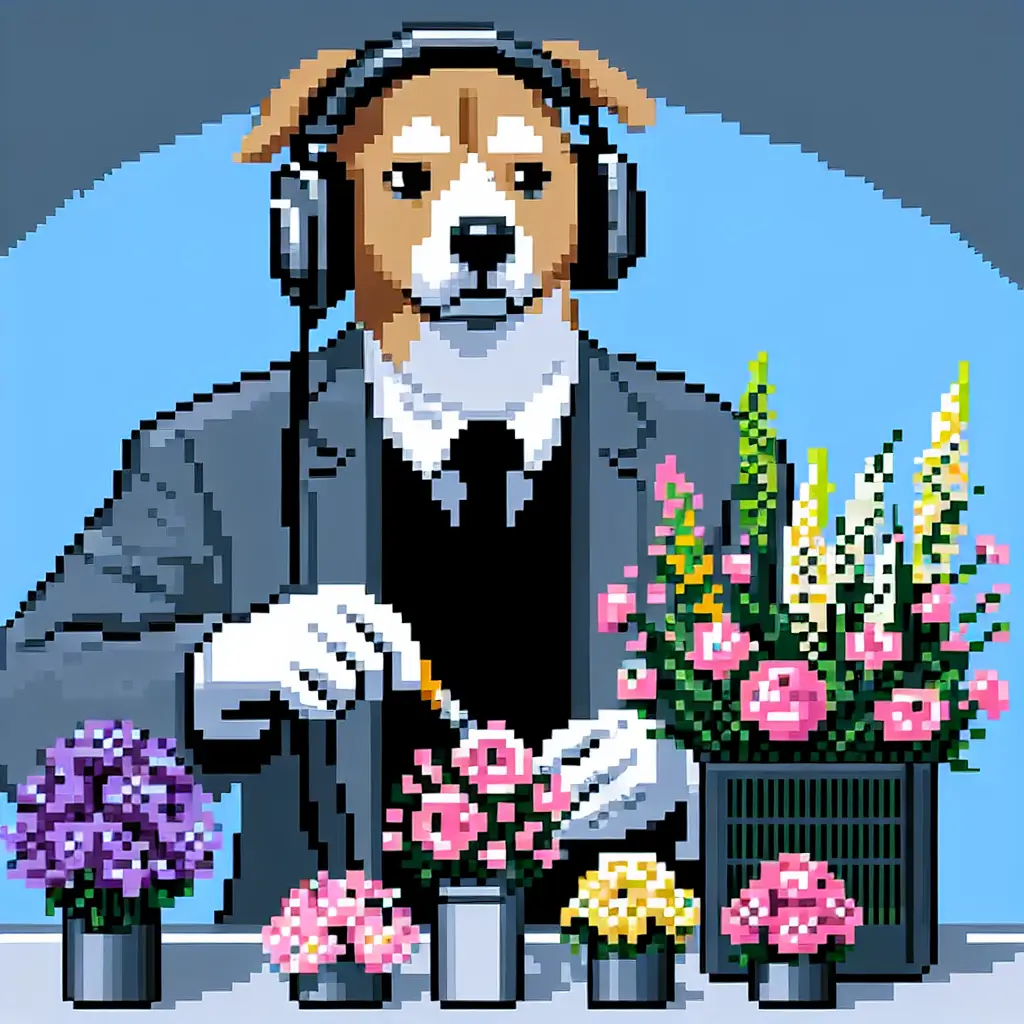 A screenshot of Free Avatar: 8-bit Pixel Dog Florist with Headphones