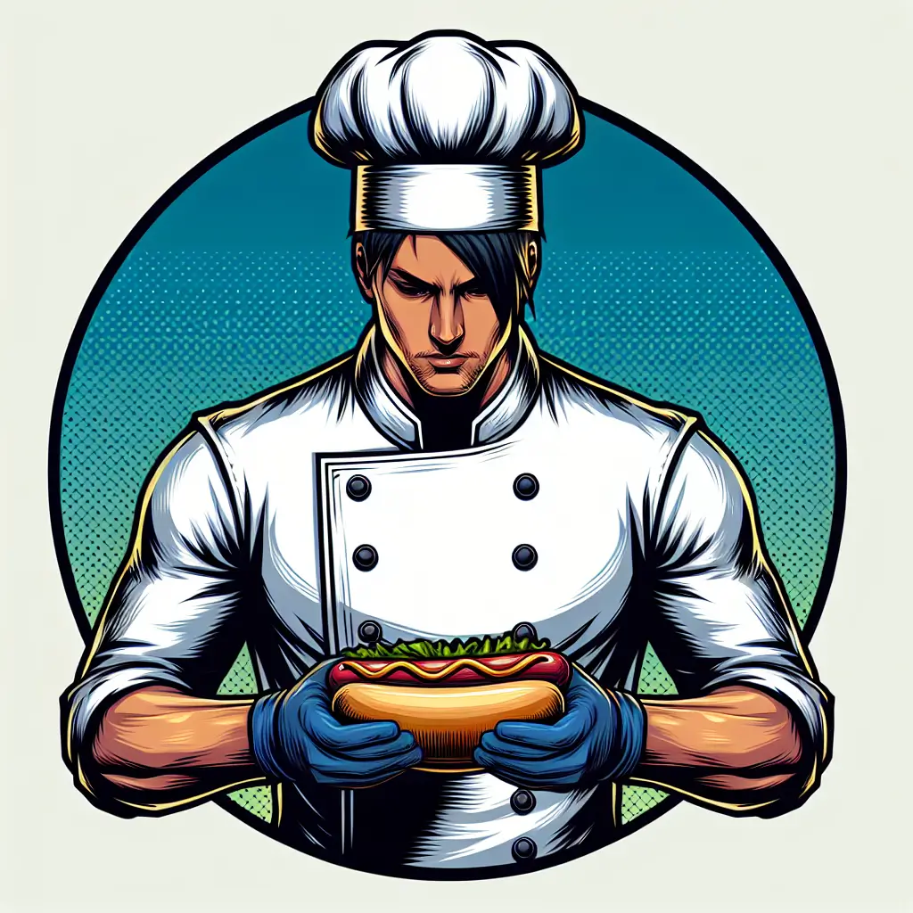 A screenshot of Free Avatar: Comic Book Style Chef Avatar Eating Hotdog