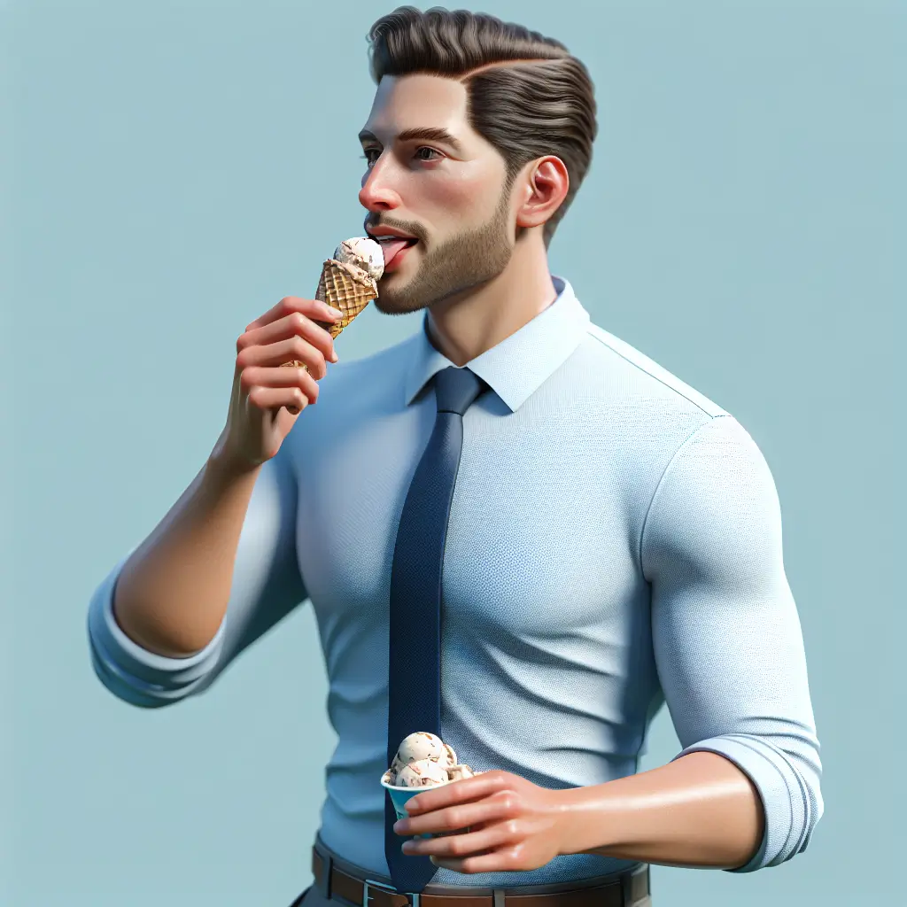 A screenshot of Free Avatar: Male Logistician Enjoying Ice Cream