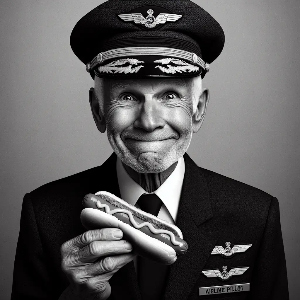 A screenshot of Free Avatar: Elderly Airline Pilot Enjoying a Hotdog