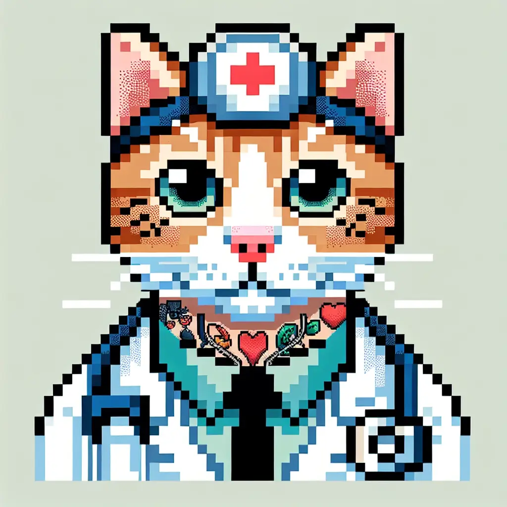 A screenshot of Free Avatar: 8-Bit Veterinarian Cat with Tattoos