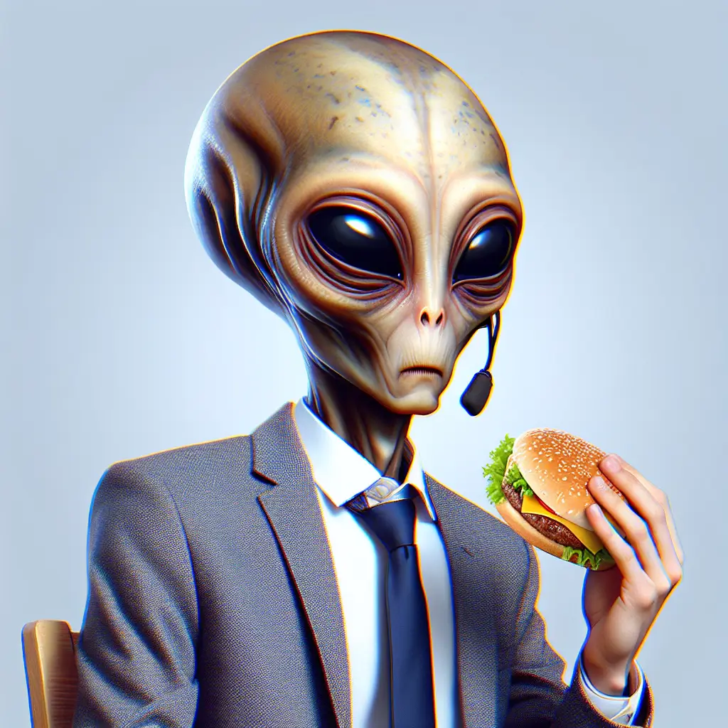 A screenshot of Free Avatar: Professional Alien Telemarketer Eating Hamburger