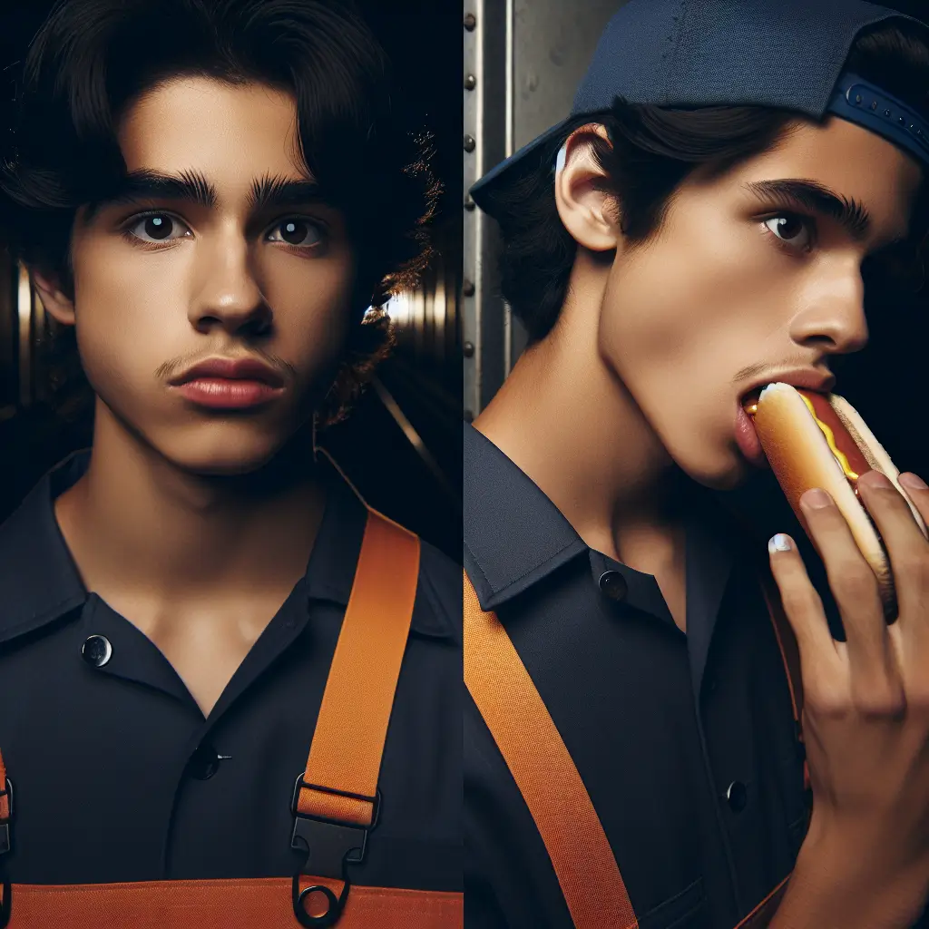 A screenshot of Free Avatar: Hispanic Teenage Railway Worker Eating Hotdog