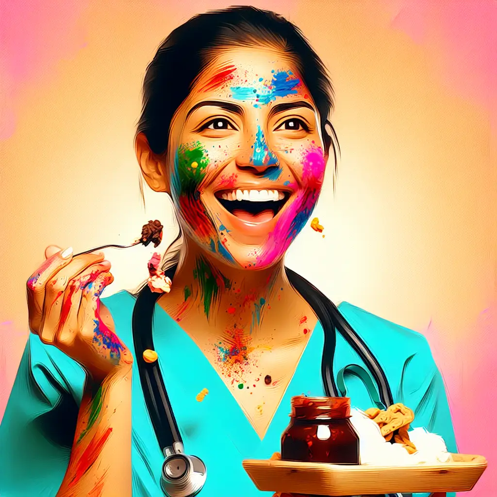 A screenshot of Free Avatar: Hispanic Female Physician Joyously Smudged with Food