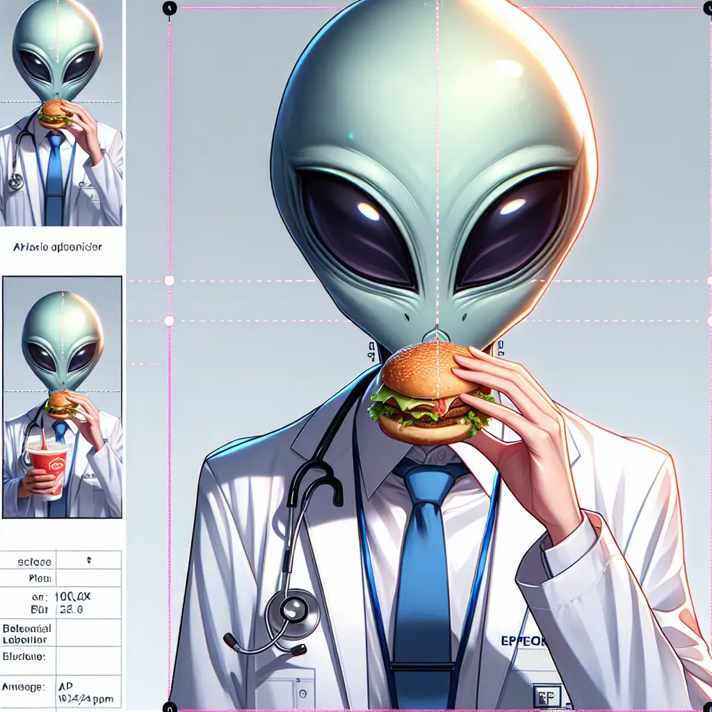 A screenshot of Free Avatar: Alien Clinical Lab Tech Eating Hamburger