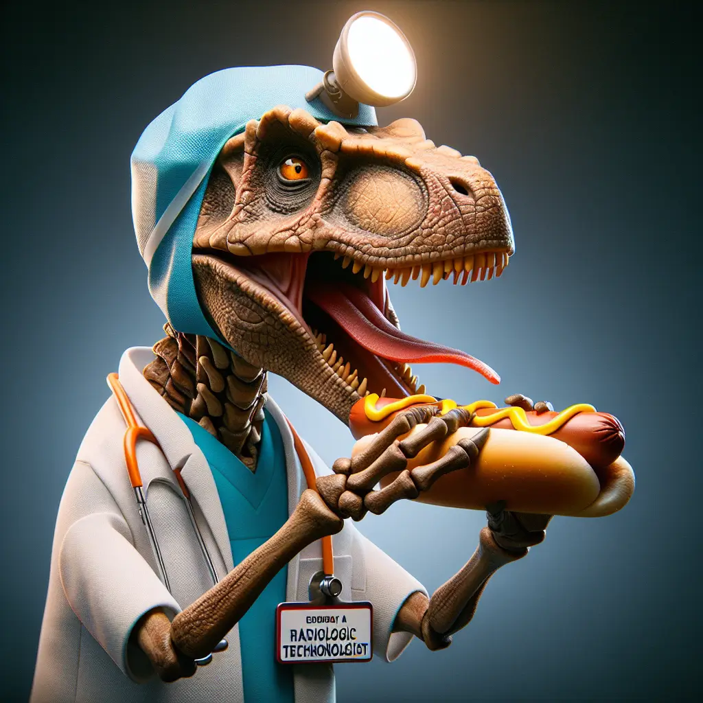 A screenshot of Free Avatar: Dinosaur Radiologic Technologist Eating Hotdog