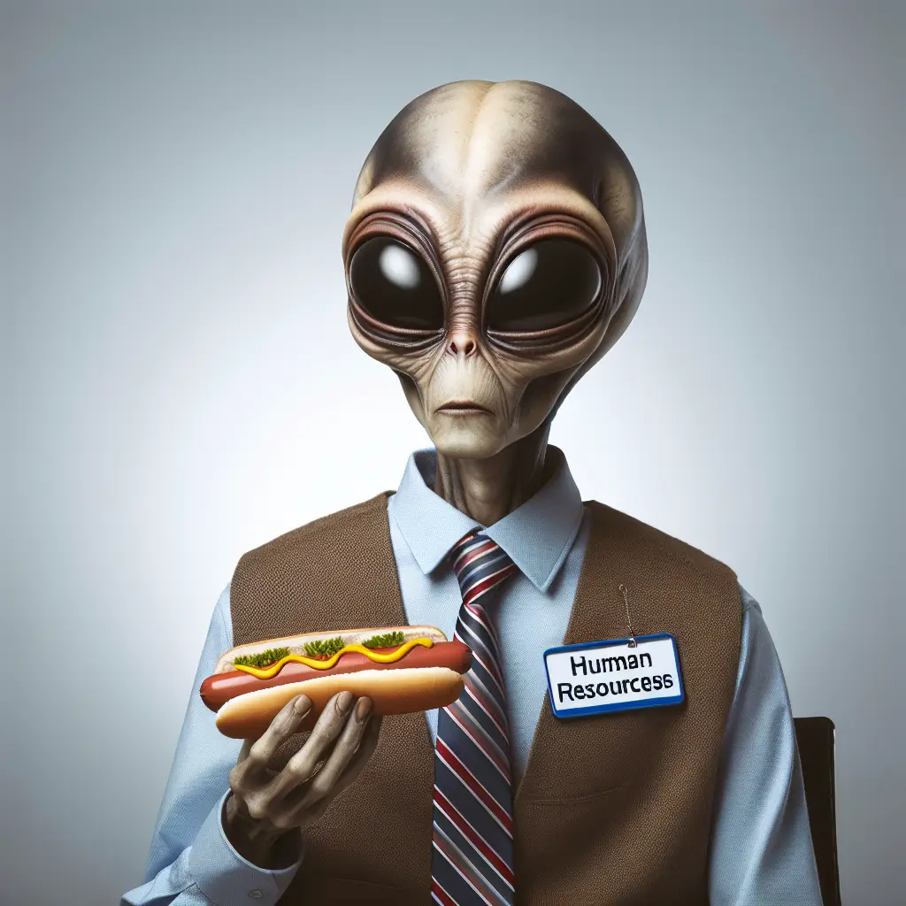 A screenshot of Free Avatar: Alien HR Specialist enjoying a hotdog