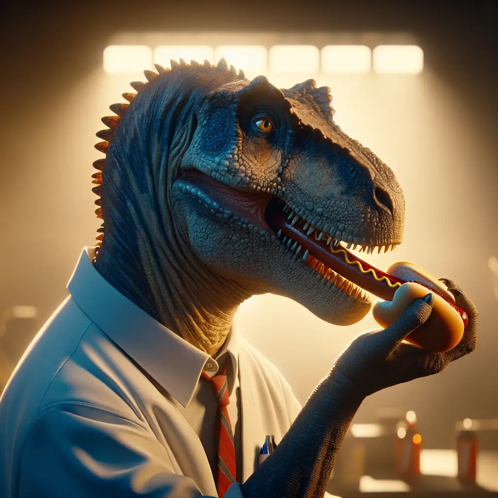 A screenshot of Free Avatar: Dinosaur Radiologic Technologist Eating Hotdog