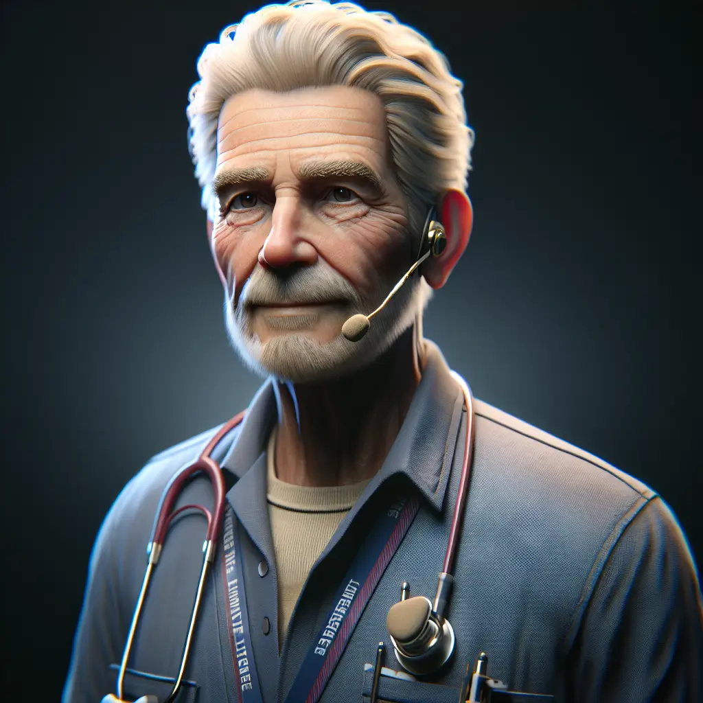 A screenshot of Free Avatar: Elderly Male Physical Therapist with Headworn Microphone