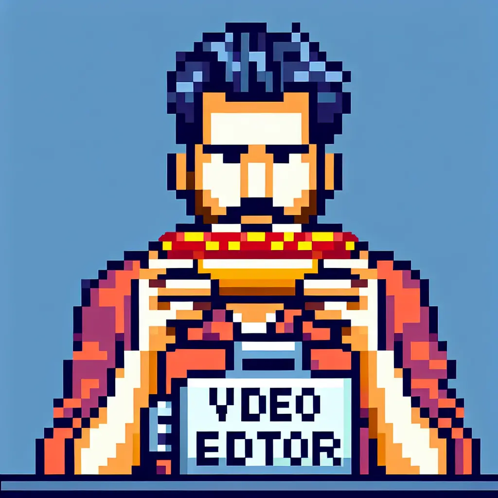 A screenshot of Free Avatar: Adult Film & Video Editor Eating Hotdog in 8-Bit Pixel Style