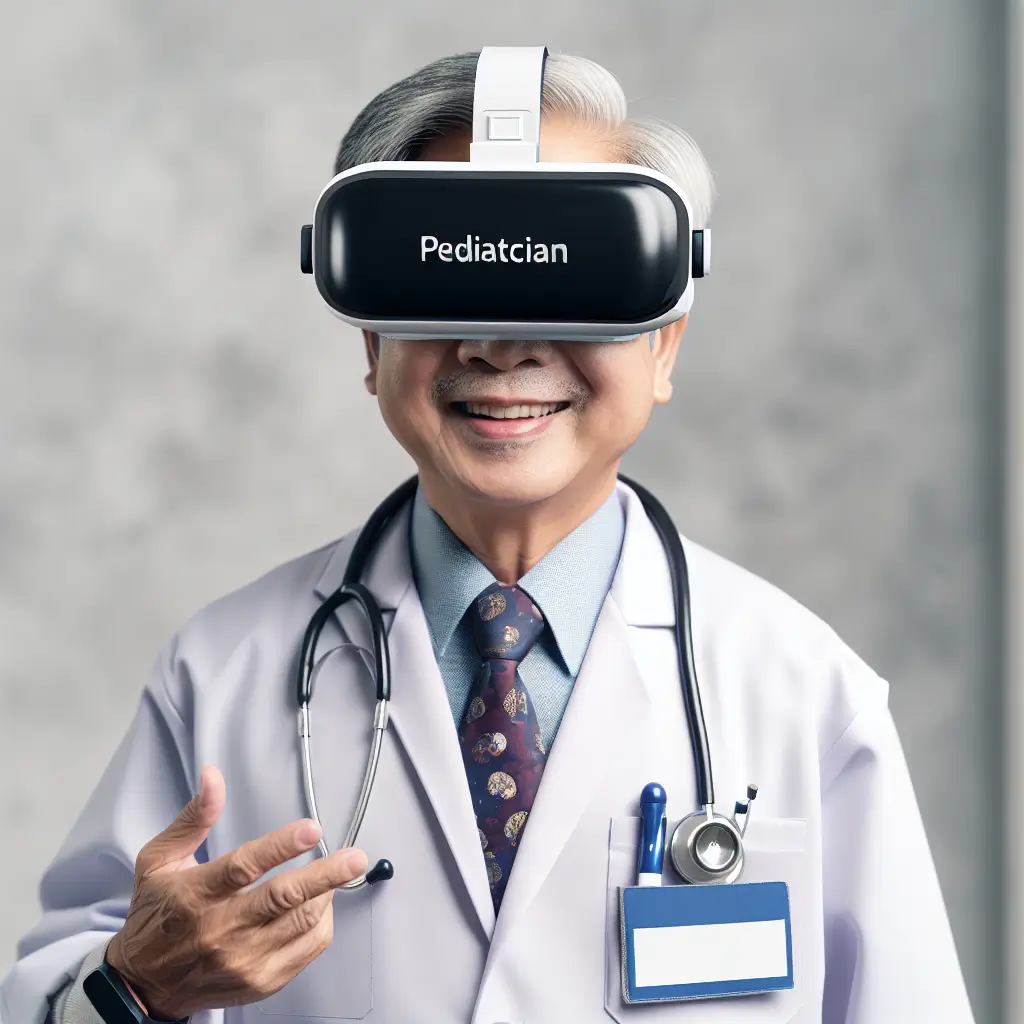 A screenshot of Free Avatar: Elderly South Asian K-Pop Pediatrician with VR Headset