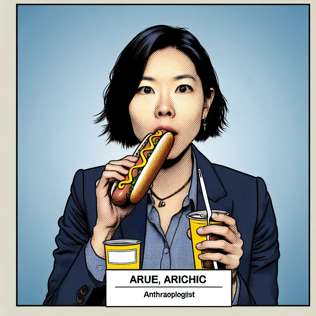 A screenshot of Free Avatar: Asian woman anthropologist enjoying a hotdog