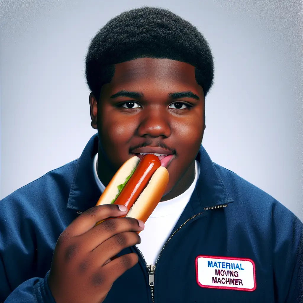 A screenshot of Free Avatar: High School Yearbook Style Black Male Material Moving Machine Operator Eating Hotdog