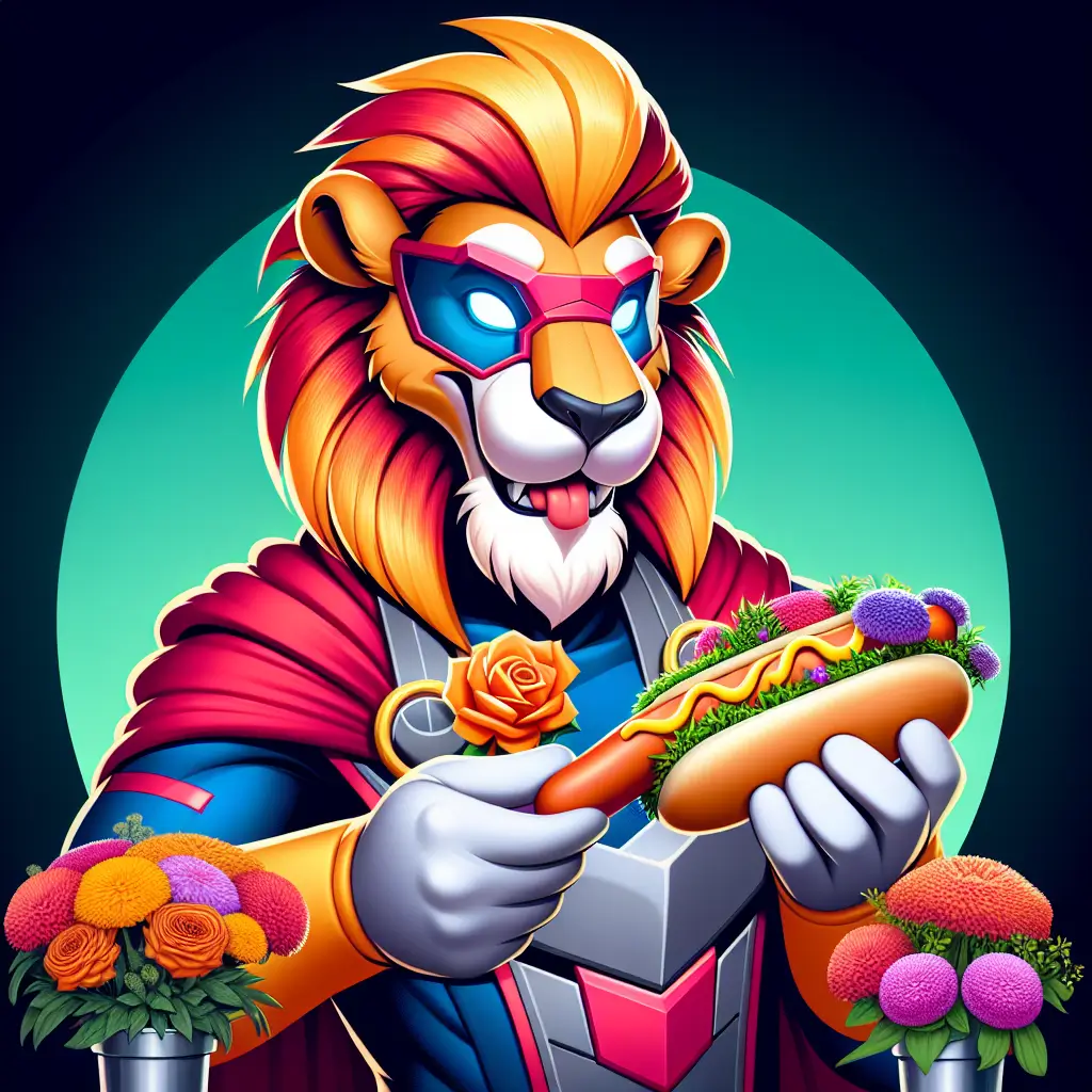 A screenshot of Free Avatar: Lion Character Superhero Florist with Hotdog