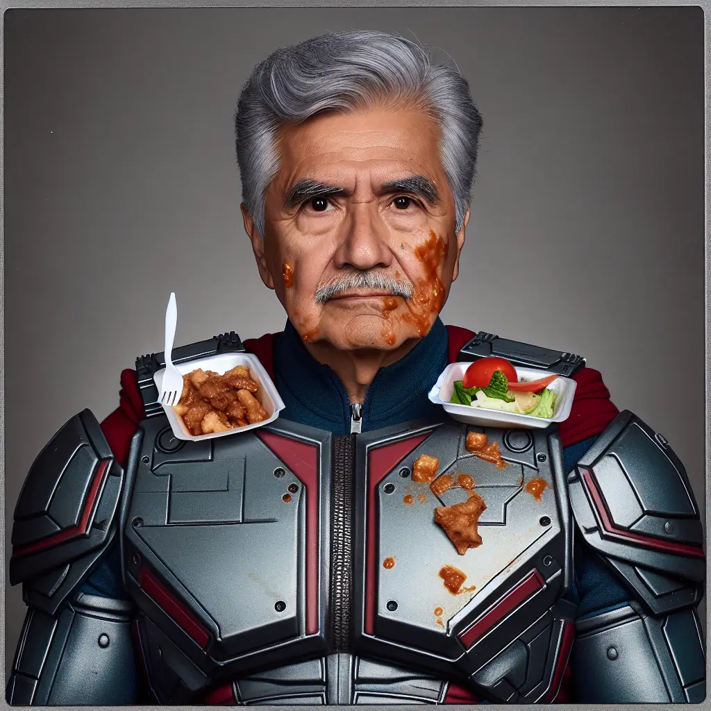 A screenshot of Free Avatar: Superhero Hispanic Senior Man with Food on Face