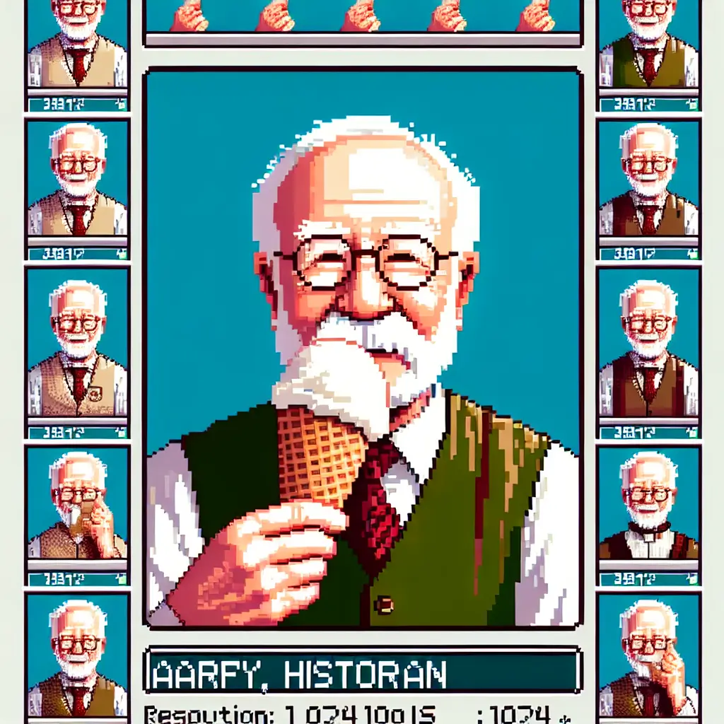 A screenshot of Free Avatar: Elderly Historian Enjoying Ice Cream in 8-Bit Pixel Art Style