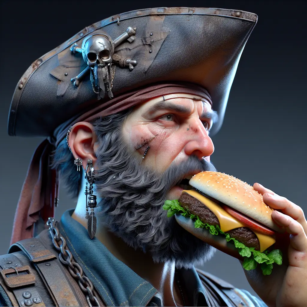 A screenshot of Free Avatar: Pirate Truck Driver Enjoying a Hamburger