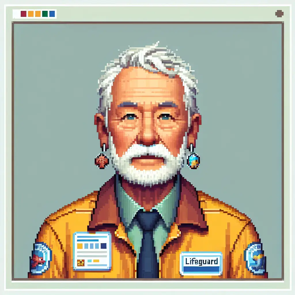 A screenshot of Free Avatar: Lifeguard Elderly Man 8-Bit Pixel Art