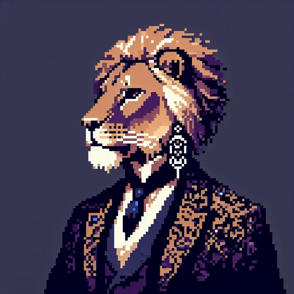 A screenshot of Free Avatar: Fashion Designer Lion in 8-bit Pixel Art Style