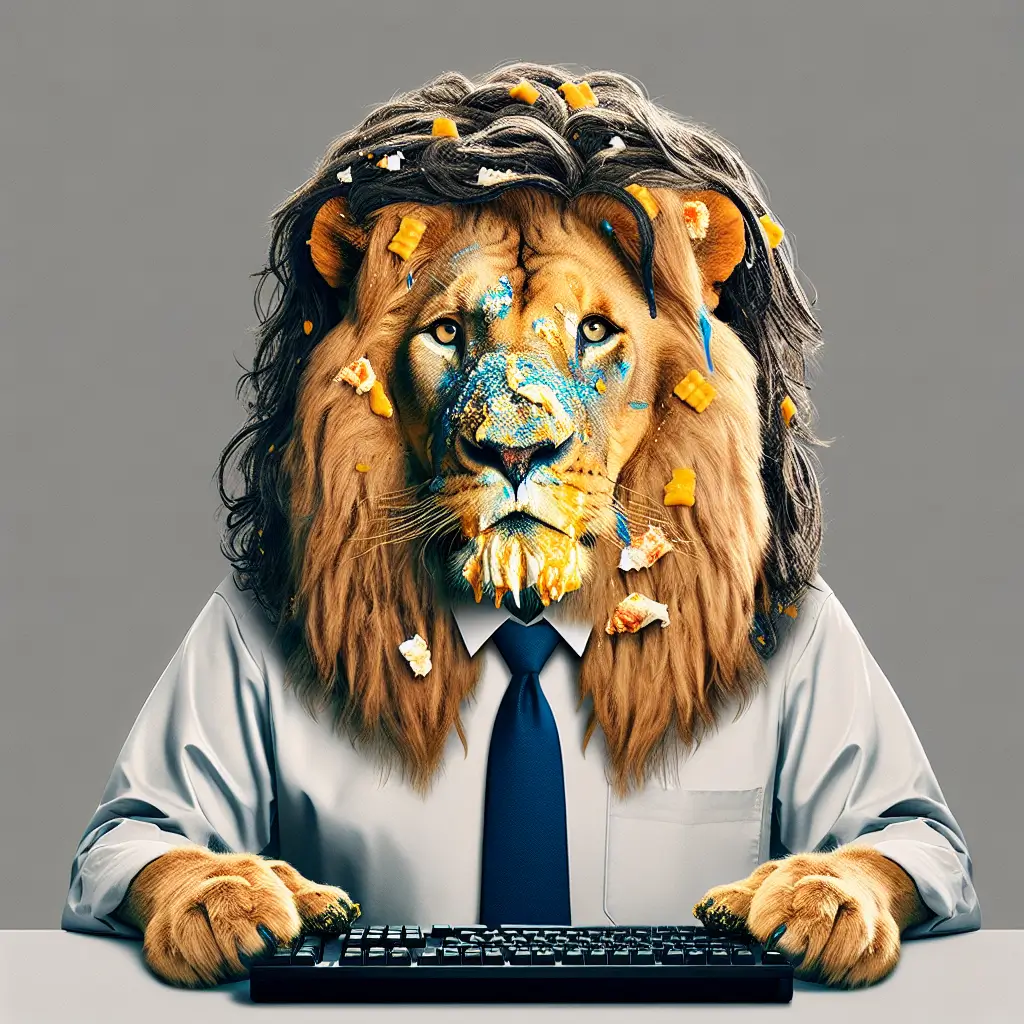 A screenshot of Free Avatar: Lion Computer Systems Analyst with Food on Face