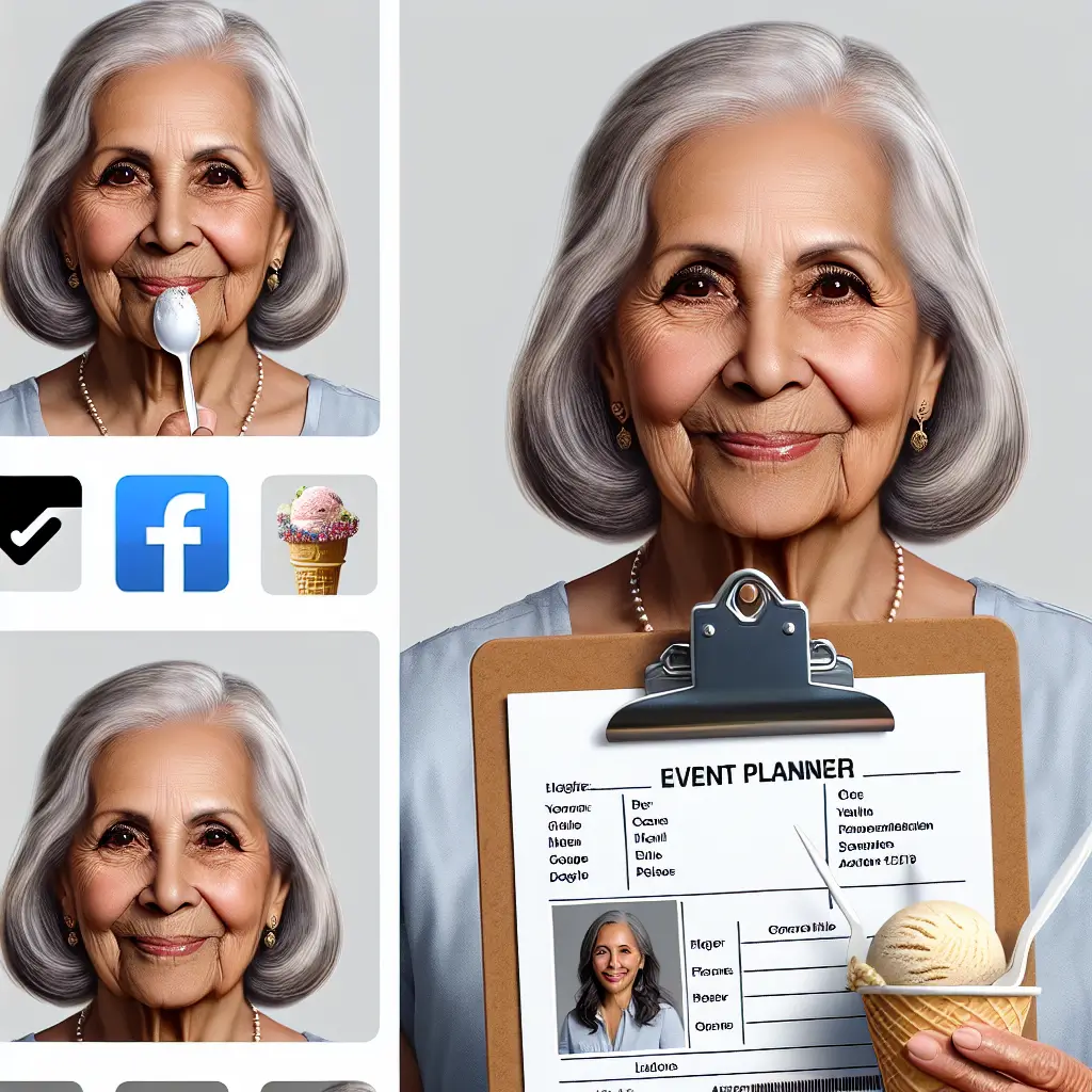 A screenshot of Free Avatar: Elderly Hispanic Woman Event Planner with Ice Cream