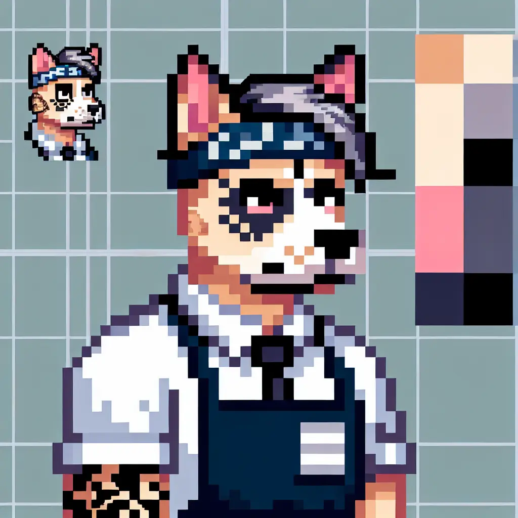 A screenshot of Free Avatar: 8-bit Pixel Dog Cashier Character