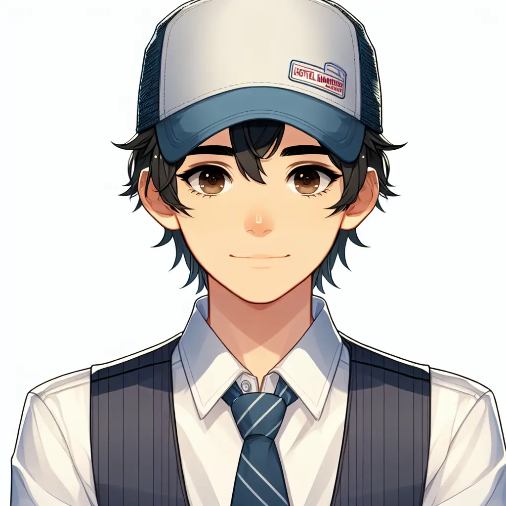 A screenshot of Free Avatar: Anime-style South Asian male hotel manager with trucker hat