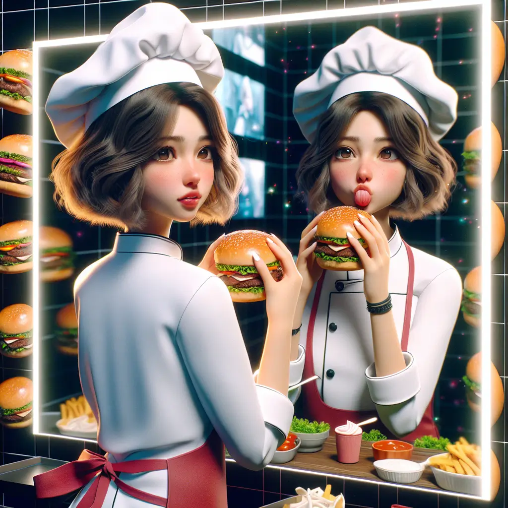 A screenshot of Free Avatar: Teenage Chef Enjoying Hamburger in Magical Mirror Aesthetic