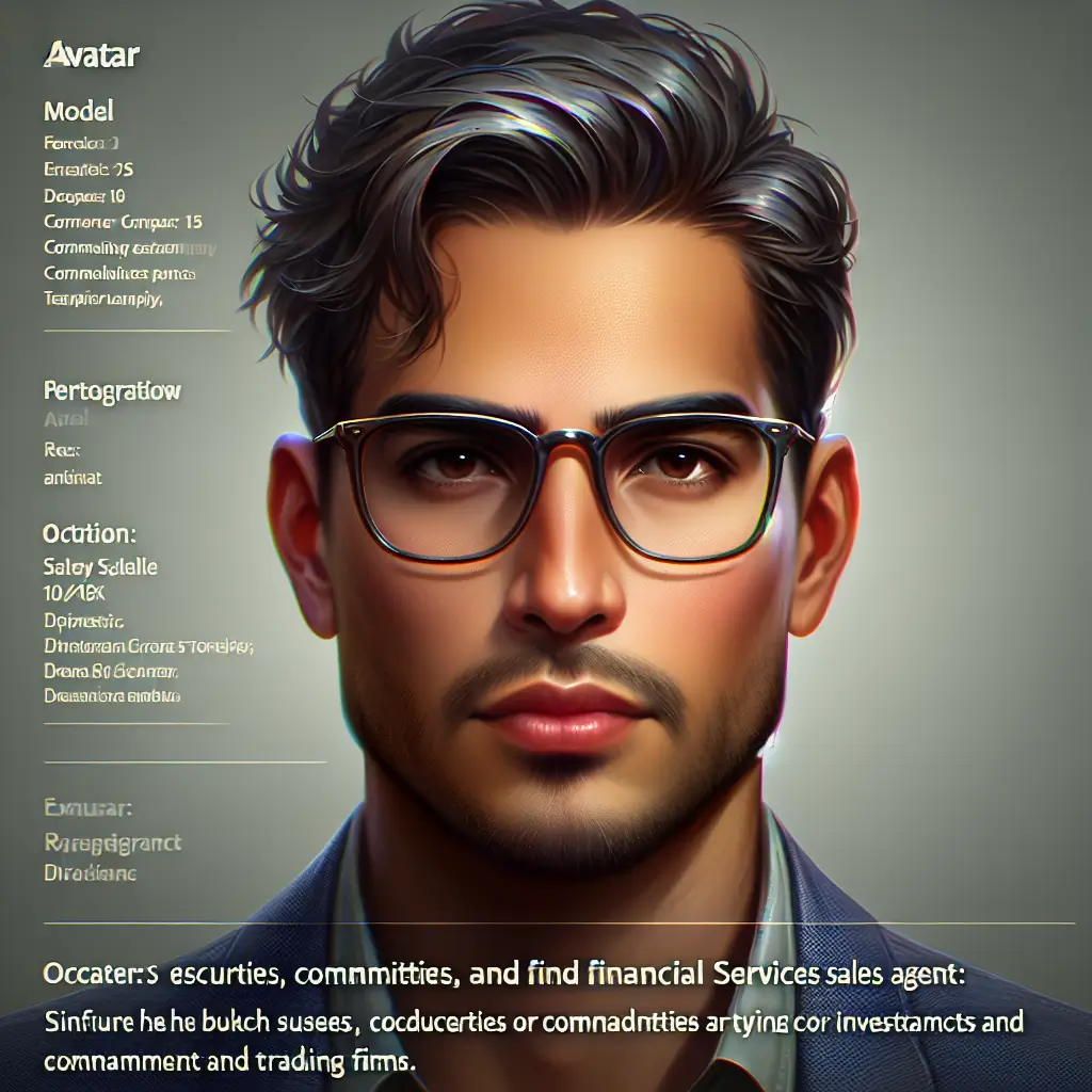 A screenshot of Free Avatar: Fantasy Style Hispanic Man in Securities Sales Agent Occupation