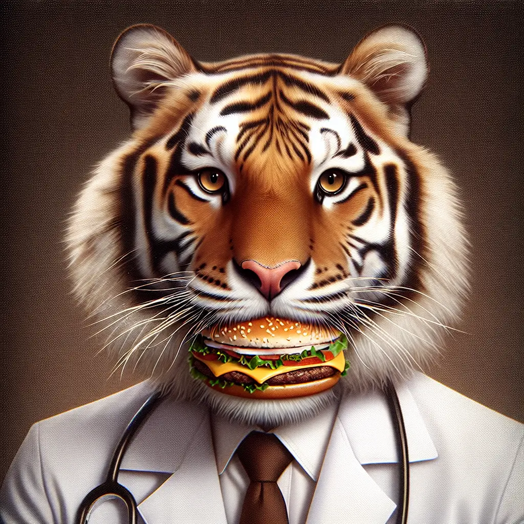 A screenshot of Free Avatar: K-Pop Tiger Veterinarian Eating Hamburger