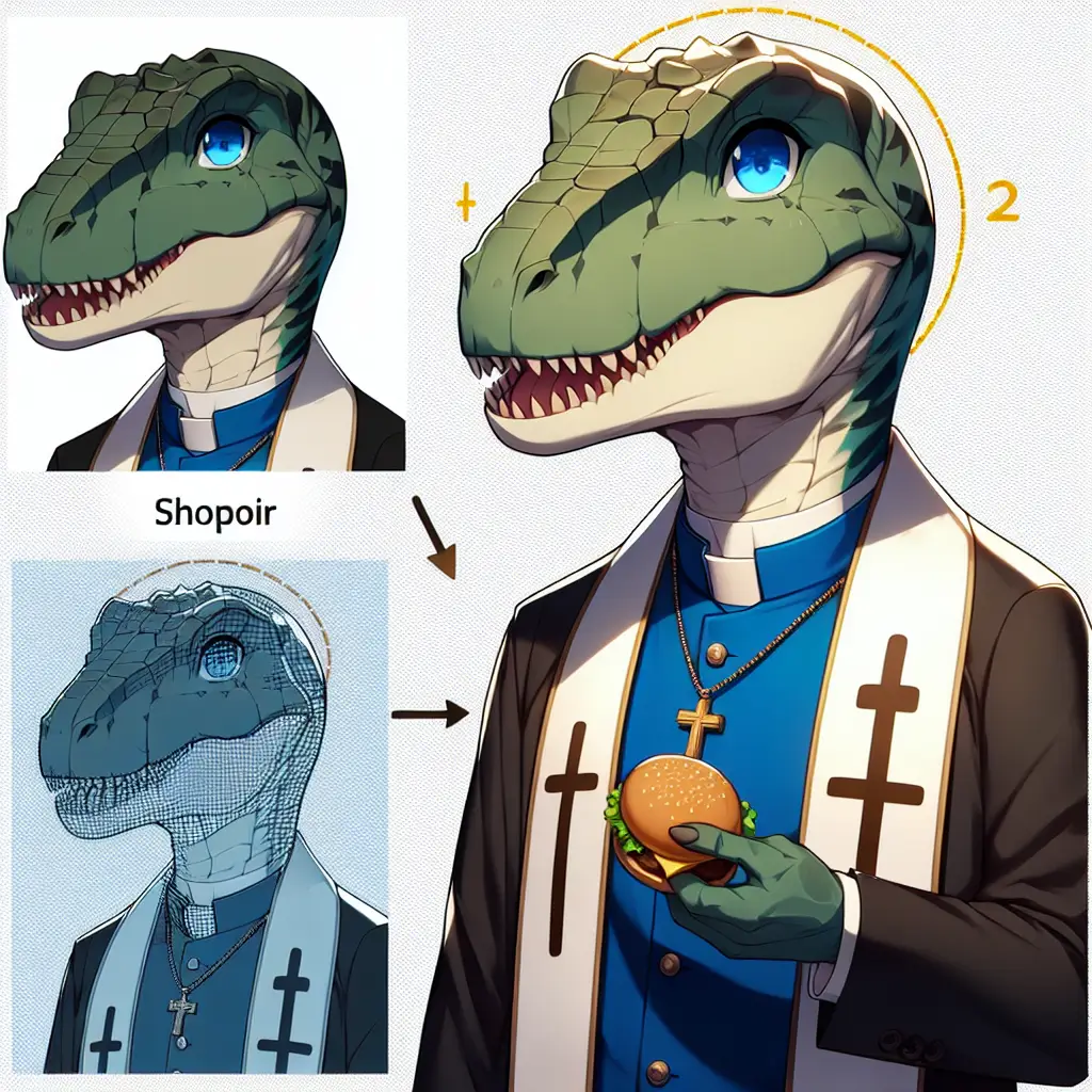 A screenshot of Free Avatar: Anime Dinosaur Clergy Eating Hamburger