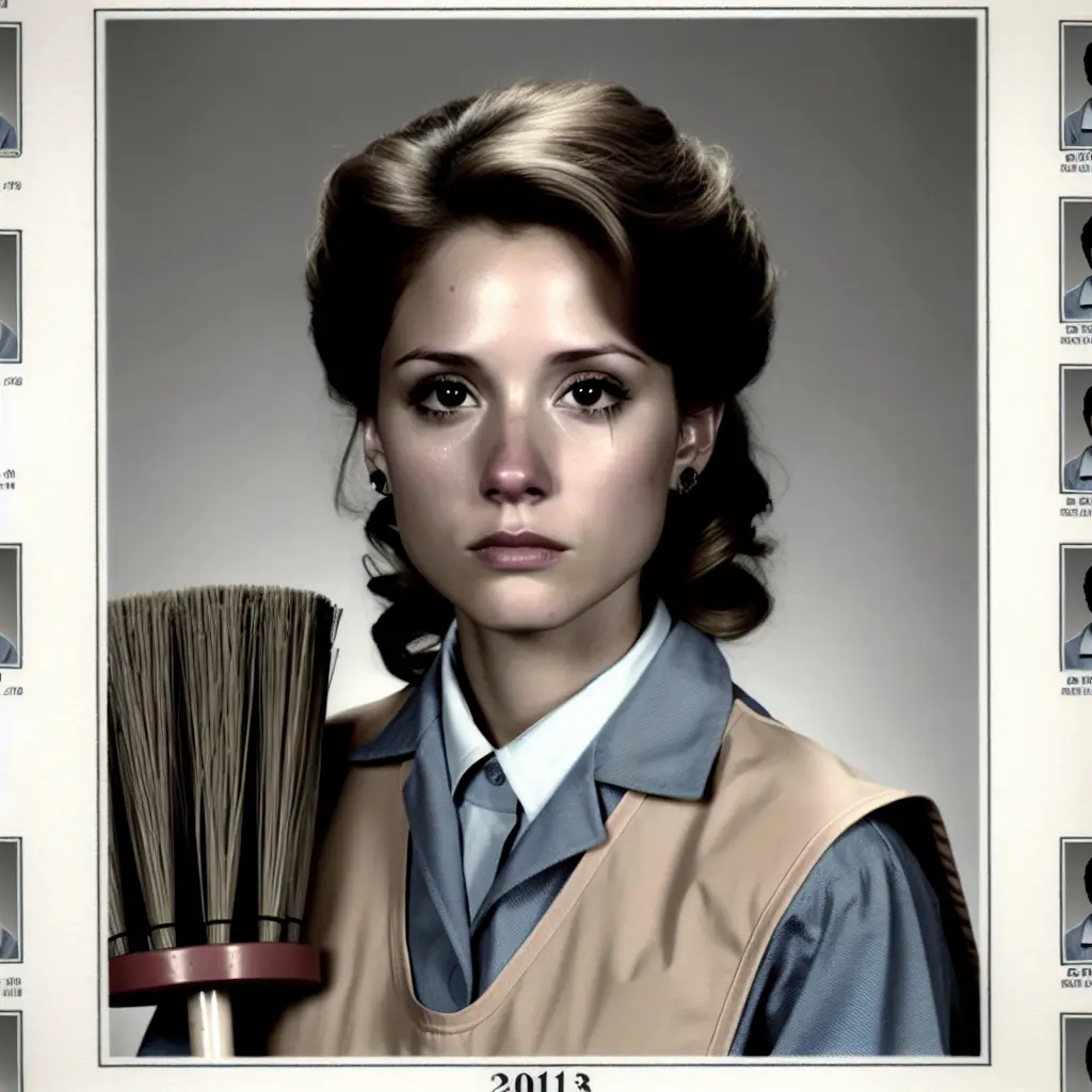 A screenshot of Free Avatar: Sad Janitor Woman in High School Yearbook Style