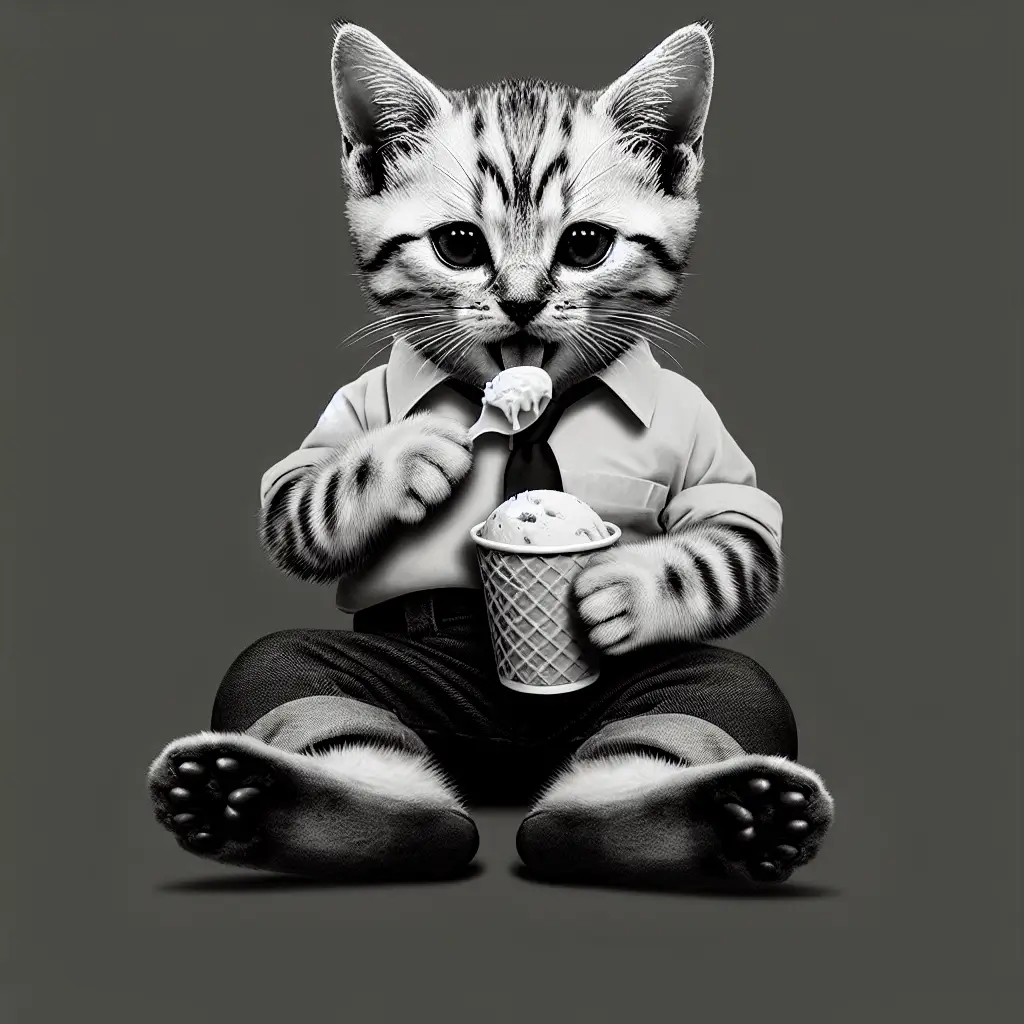 A screenshot of Free Avatar: Black and White Kitten Logistician enjoying an Ice Cream