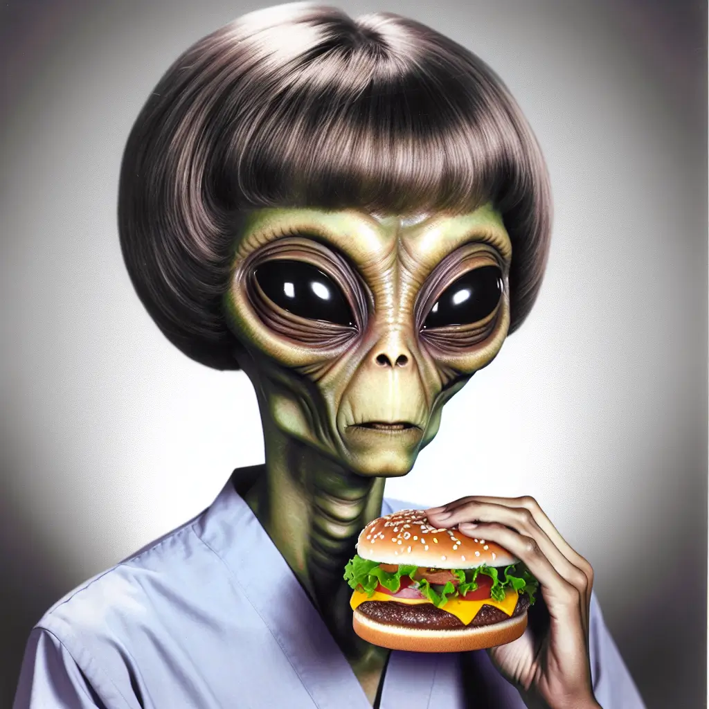 A screenshot of Free Avatar: Alien Nurse Practitioner Eating a Hamburger