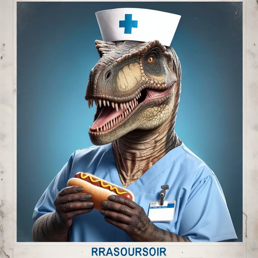 A screenshot of Free Avatar: Dinosaur Nurse Enjoying Hotdog