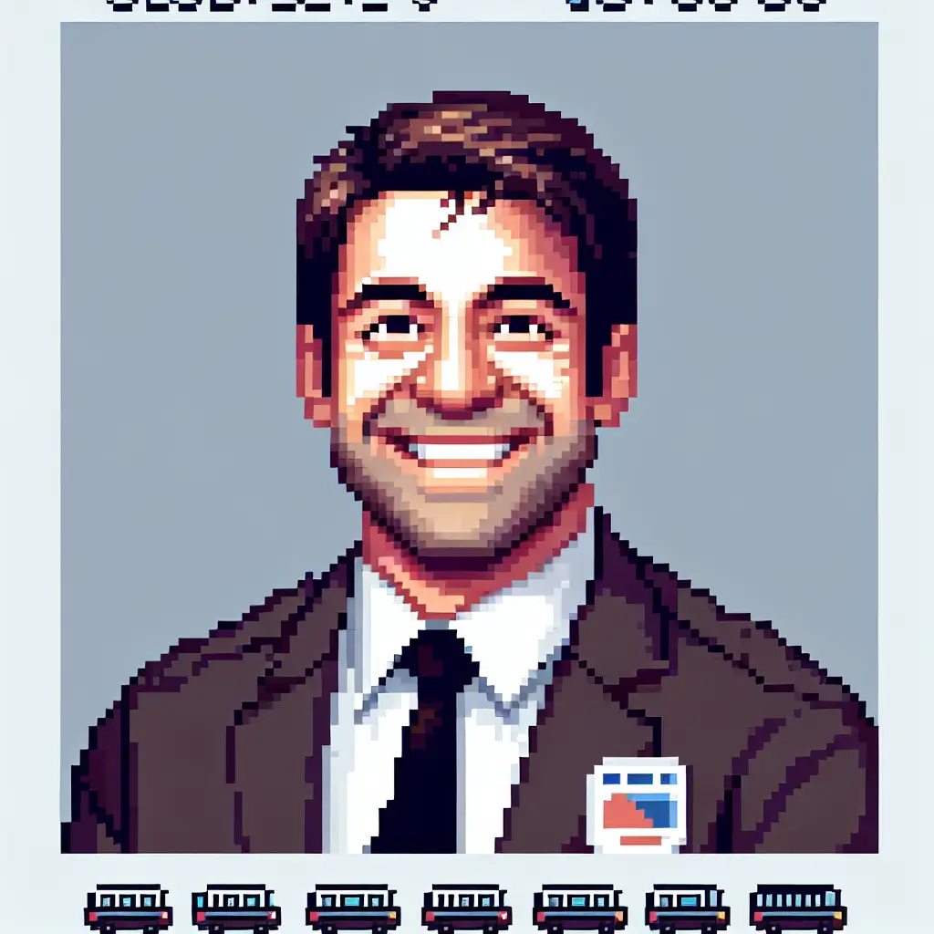 A screenshot of Free Avatar: Smiling Bus Driver in 8-Bit Pixel Aesthetic