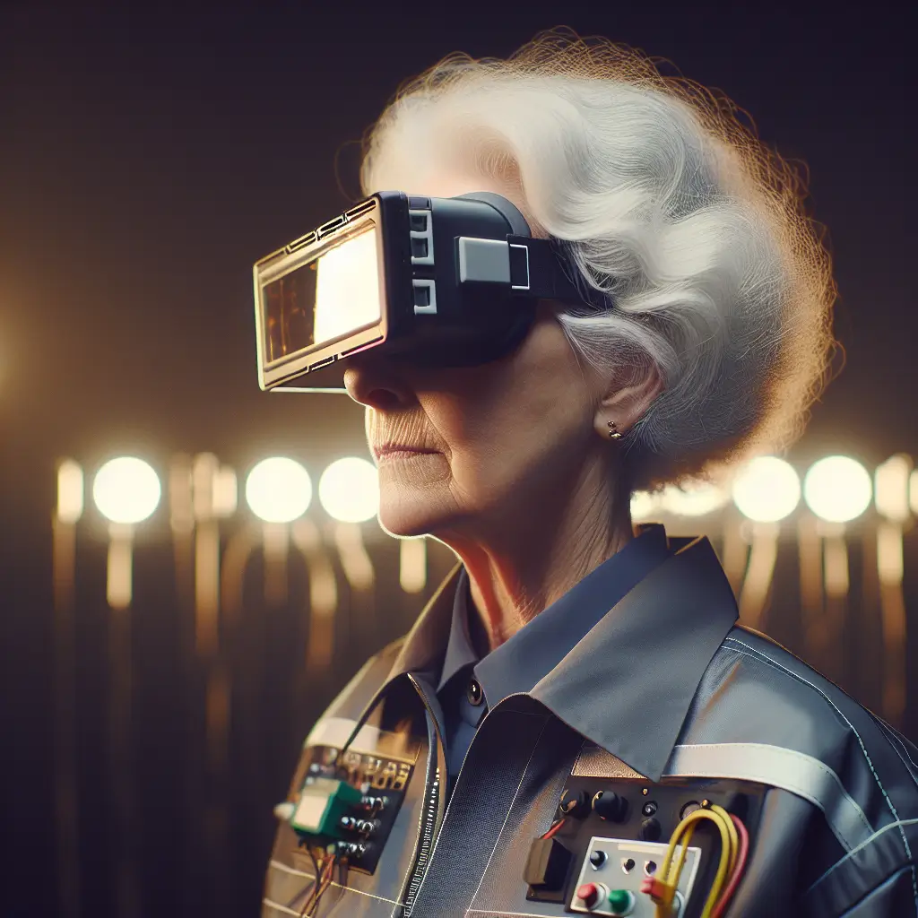 A screenshot of Free Avatar: Elderly Woman Electrical Engineer with VR Headset