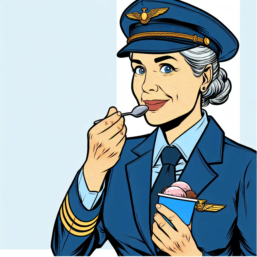 A screenshot of Free Avatar: Elderly Woman Airline Pilot Eating Ice Cream