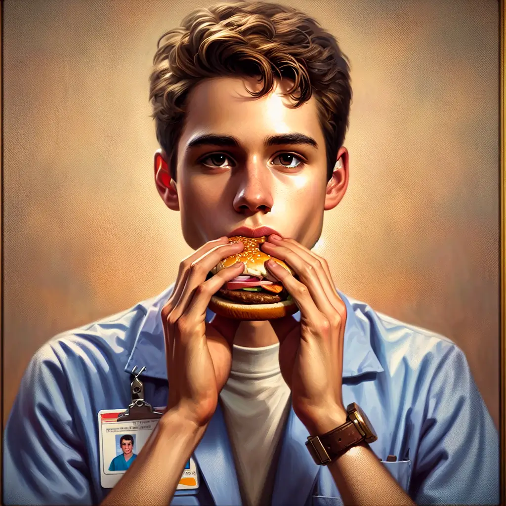 A screenshot of Free Avatar: Radiologic Technologist Teenager Eating Hamburger Painting