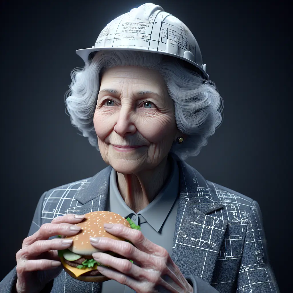 A screenshot of Free Avatar: Elderly Woman Civil Engineer Eating Hamburger