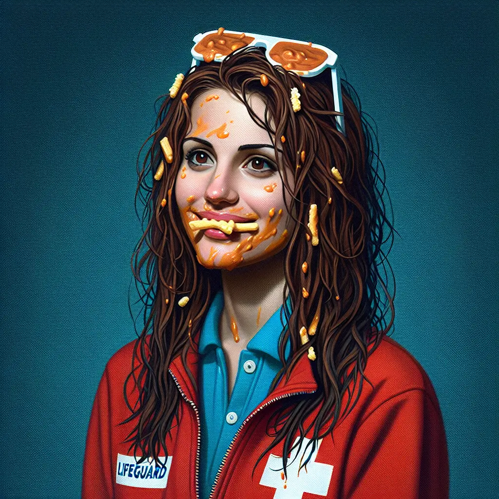 A screenshot of Free Avatar: Lifeguard Woman with Food on Face AI Generated Avatar