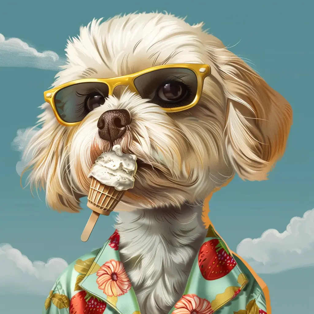 A screenshot of Free Avatar: Travel Agent Puppy Eating Ice Cream AI Avatar