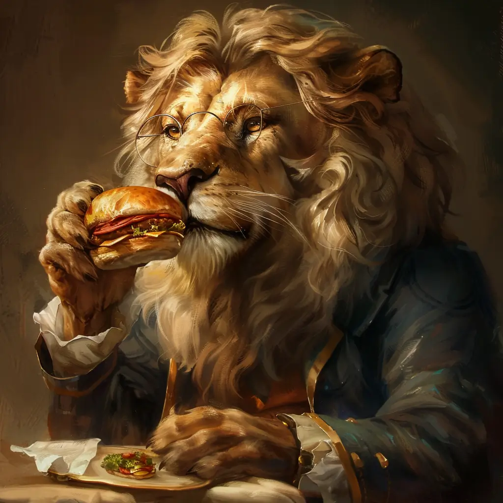 A screenshot of Free Avatar: Lion Librarian Eating Hamburger